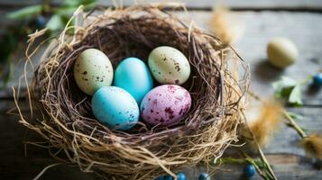 ai generato un' rustico, naturale sfondo con un' uccelli nido pieno con maculato Pasqua uova foto