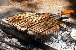 marinato pollo Ali su un' filo cremagliera, grigliato al di sopra di carbone. foto