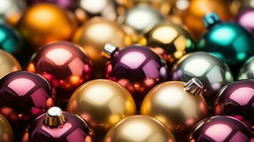 ai generato colorato Natale palle su un' brillante superficie, cabaret scene, foto