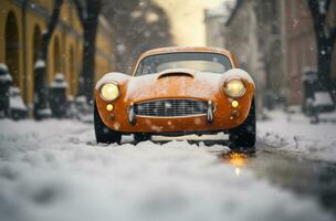 ai generato un arancia auto su un' neve coperto strada, foto