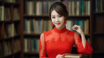 ai generato moda fotografia ritratto, Cinese femmina insegnante indossare leggero rosso Cinese foto