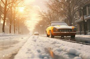ai generato Immagine di automobile guida un' nevoso strada, foto