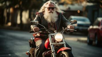 ai generato Santa su motocicletta con grande cattivo. foto