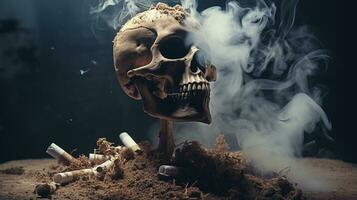 ai generato Fumo uccide concetto. cranio nel cenere. anti tabacco foto