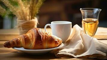 ai generato prima colazione brioche con un' tazza caffè ai generativo foto