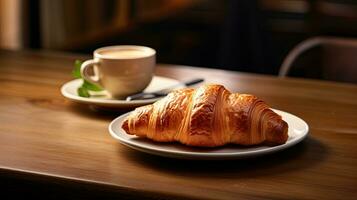 ai generato prima colazione brioche con un' bicchiere latte ai generativo foto