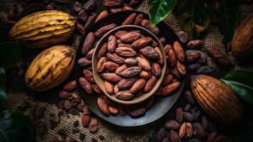 ai generato ritratto cacao fagiolo su il ciotola con leggero esposizione ai generativo foto