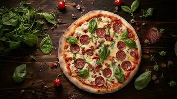 ai generato fresco di il griglia Pizza con basilico foglia ai generativo foto