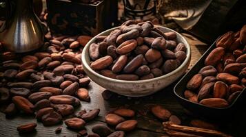 ai generato ritratto cacao fagiolo su il ciotola con leggero esposizione ai generativo foto