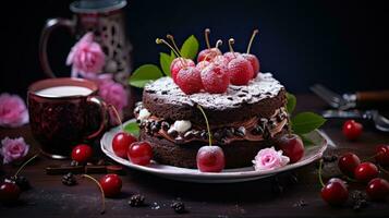 ai generato delizioso nero foresta torta con fuso crema ai generativo foto