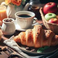 ai generato prima colazione brioche con un' bicchiere caffè ai generativo foto