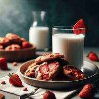 ai generato fragola biscotti con un' bicchiere latte ai generativo foto