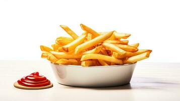 ai generato francese patatine fritte con ketchup e basilico foglia ai generativo foto