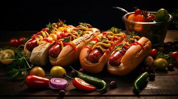 ai generato delizioso e cremoso hot dog su il tavolo ai generativo foto