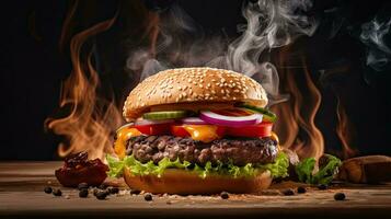 ai generato delizioso e gustoso hamburger su il di legno tavolo ai generativo foto