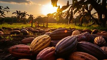 ai generato ritratto cacao frutta su il campo con leggero esposizione ai generativo foto