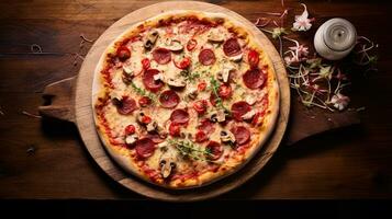 ai generato fresco di il griglia Pizza con basilico foglia ai generativo foto