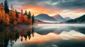 ai generato un' lago con rocce e alberi nel il sfondo. circondato di vivace autunno colorato sicomoro alberi. generativo ai. foto