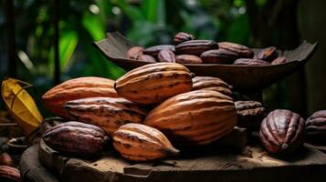 ai generato ritratto cacao frutta con leggero esposizione ai generativo foto