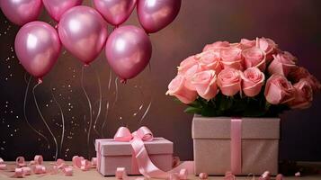 ai generato lusso regalo scatola con Palloncino e rosa fiore ai generativo foto