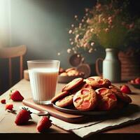 ai generato fragola biscotti con un' bicchiere latte ai generativo foto