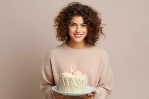 ai generato ritratto di un' bellissimo giovane donna sorridente con torta su isolato sfondo generativo ai foto