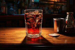 ai generato un' bicchiere di Coca Cola con ghiaccio su un' di legno tavolo nel un' sbarra, bicchiere di Coca Cola su il bar scrivania, ai generato foto