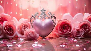 ai generato cuore Palloncino con corona e rosa petali ai generativo foto