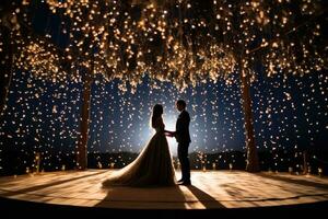 ai generato silhouette di un' sposa e sposo su il sfondo di il notte cielo, un' sognante notte nozze sotto un' cielo pieno di stelle, ai generato foto