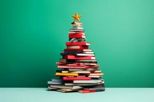 ai generato Natale albero fatto di libri su verde sfondo foto