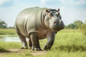 ai generato ippopotamo a piedi nel un' verde campo. ai generato foto