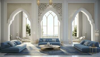 ai generato islamico 3d interpretazione di un di ispirazione araba vivente camera interno design con archi e intricato Arabo modelli. foto