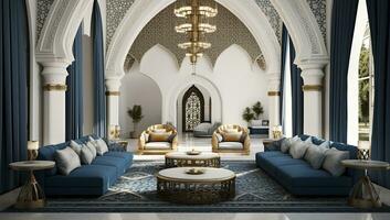 ai generato islamico 3d interpretazione di un di ispirazione araba vivente camera interno design con archi e intricato Arabo modelli. foto