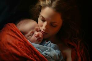 ai generato giovane madre con sua neonato bambino nel un' rosso coperta su un' nero sfondo, bambino e madre cullare il bambino, ai generato foto