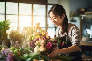 ai generato bellissimo giovane asiatico donna fioraio fabbricazione mazzo nel fiore negozio, asiatico donna fioraio la creazione di nozze mazzo nel fiore negozio, ai generato foto