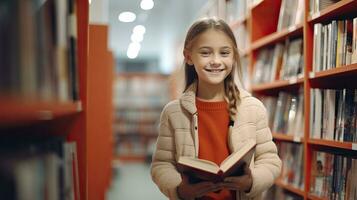 ai generato poco scuola ragazza raggiunge per mensola di bambini libri nel il libro biblioteca foto