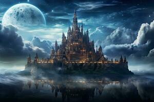 ai generato Magia Fata racconto castello. fantasia paesaggio con castello e pieno Luna, ai generato foto