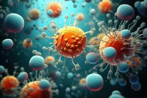 ai generato 3d rendere di virus nel astratto sfondo. coronavirus scoppio concetto, bellissimo illustrazione di batteri o virus Visualizza sotto microscopio, ai generato foto