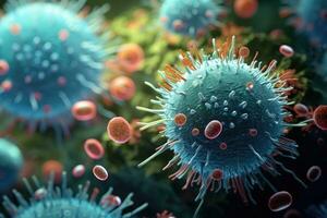 ai generato 3d rendere di virus cellule nel astratto sfondo. coronavirus concetto, bellissimo illustrazione di batteri o virus Visualizza sotto microscopio, ai generato foto