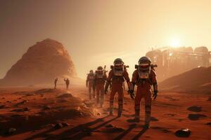 ai generato astronauta nel il deserto a tramonto. 3d rendering, un' gruppo di astronauti a piedi su Marte per Esplorare, ai generato foto