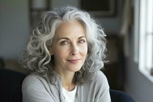 ai generato anziano donna ritratto grigio dai capelli guardare a il telecamera foto