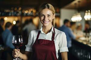 ai generato sorridente donna è servendo vino nel un' ristorante foto