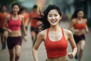 ai generato giovane contento e attraente asiatico coreano donna nel abbigliamento sportivo in esecuzione allenarsi a città strada sorridente allegro e spensierato nel salutare stile di vita concetto, bellissimo asiatico donne nel foto