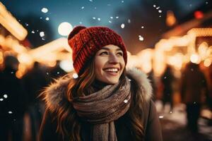ai generato ritratto di un' bellissimo giovane donna nel un' rosso cappello e sciarpa su il sfondo di Natale mercato, bellissimo ragazza avendo meraviglioso tempo su tradizionale Natale mercato su inverno sera foto