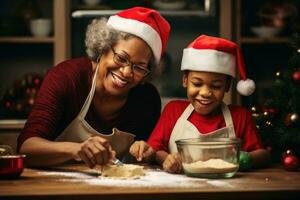 ai generato allegro Natale e contento vacanze allegro afro americano madre e sua carino poco figlia cottura al forno biscotti a casa, nero africano americano di carnagione scura nonna e, ai generato foto