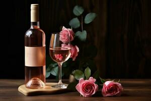 ai generato vino bottiglia e bicchieri con rosa fiori su di legno tavolo. copia spazio, bottiglia e bicchiere di rosa vino, su un' di legno tavolo, ai generato foto