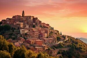 ai generato tranquillo italiano città tramonto colline. creare ai foto