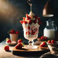 ai generato frullato fragola dolce su il tavolo ai generativo foto