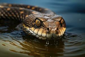 ai generato un' vicino su di un' serpente nuotare nel un' serbatoio di acqua. generativo ai foto