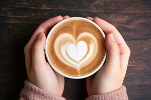 ai generato femmina mani Tenere un' tazza di caffè con cuore schiuma . caldo caffè con un' cuore. ai generativo foto